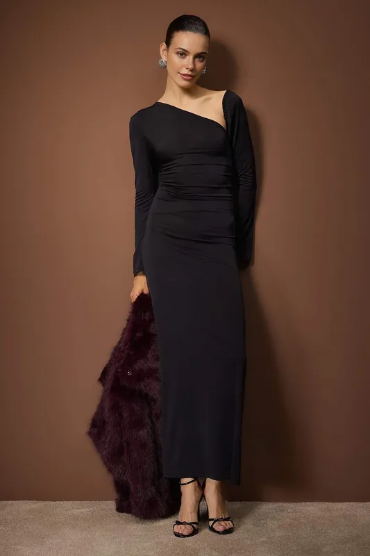 One Shoulder Knitted Maxi Evening Dress - WOVCOR