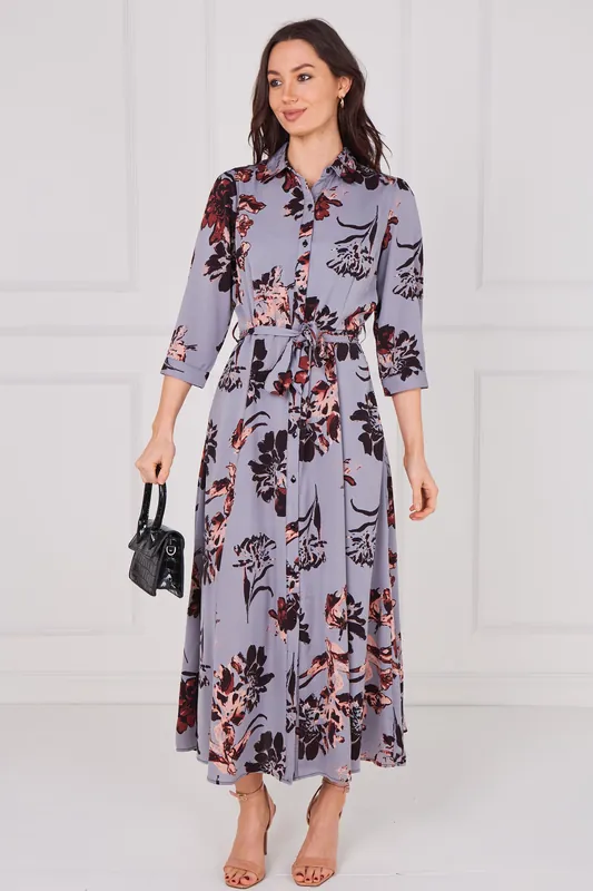 Slate Blue Blossom Print Belted Maxi Shirt Dress - Love Sunshine