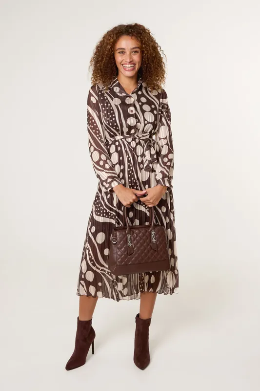 Brown Abstract Polka Dot Dress With Metallic Stripe - Blue Vanilla