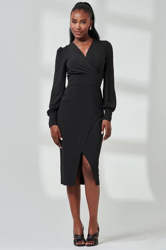 Jersey Wrap Slit Pencil Dress - Jolie Moi