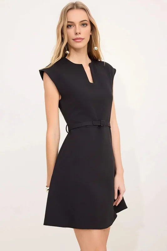 Notch Neck Belted Cap Sleeve Mini A-Line Structured Dress