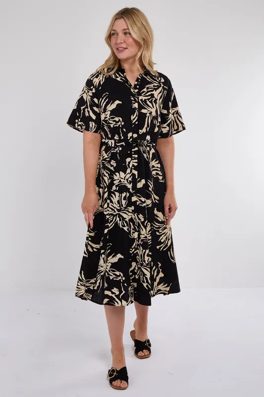Black Abstract Floral Print Short Sleeve Midi Dress - Love Sunshine