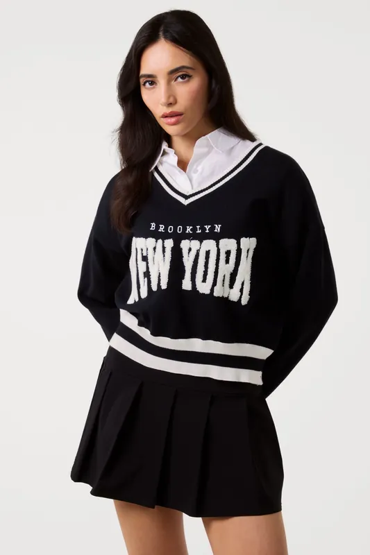 Black V Neck Varsity Sweatshirt - Pink Vanilla