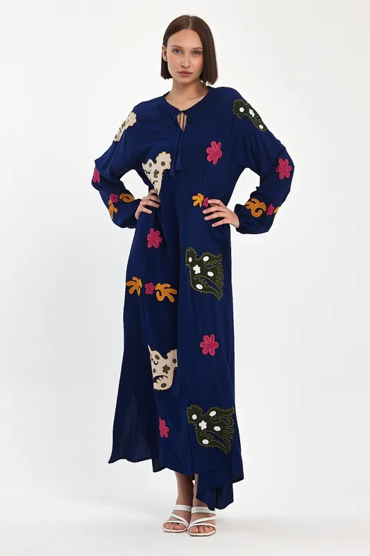 Embroidered Maxi Dress with Statement Motifs in Navy Blue - Belissh