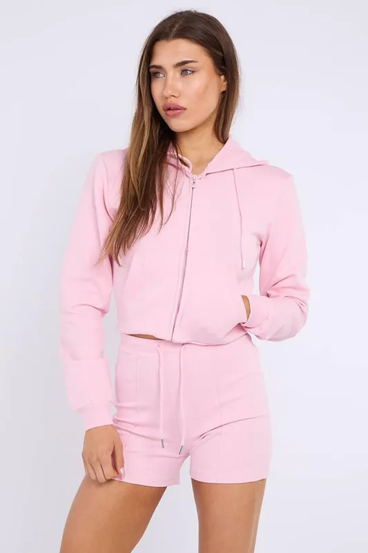 Zipped Hooded Crop Top and Seam Detail Shorts Fleece Co-ord