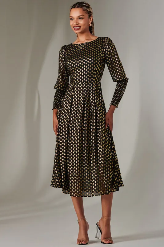 Puff Sleeve Gold Spotty Midaxi Dress - Jolie Moi