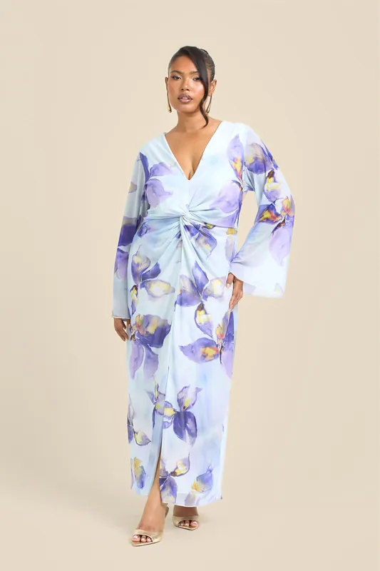 Curve Floral Lily Print Twist Front Mesh Flare Sleeve Midi Dress - FASHION-SZN