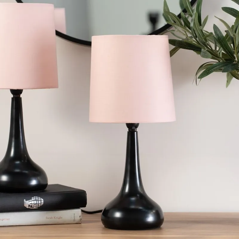 Teardrop Pair of Compact Fabric Shades Black Bedside Touch Table Lamps - ValueLights