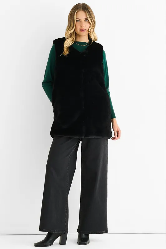 Black No Cut Faux Gilet Fur Sleeveless Jacket - Gini London