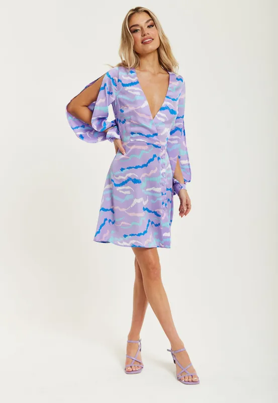 Abstract Zebra Print Mini Dress In Lilac with Slit Sleeves - Liquorish