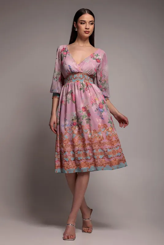 Chiffon Wrap Border Floral Print Midi Dress - Goddiva