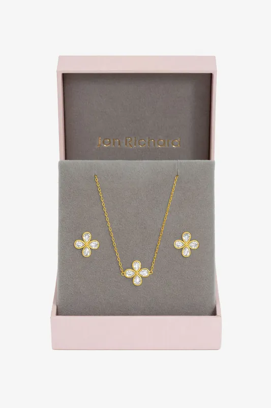Gold Plated and Crystal Flower Bridal Set - Gift Box