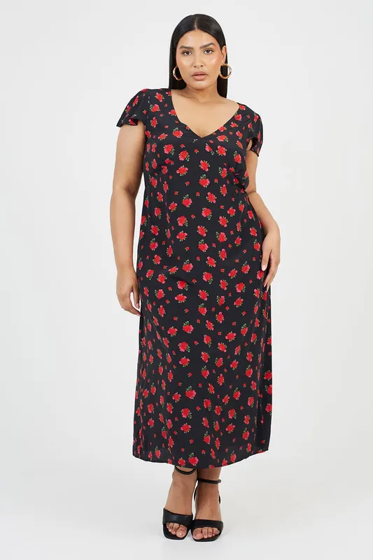 Curve Flutter Sleeve Floral Midi Dress - Brave Soul