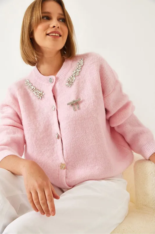 Embellished Crew Neck Long Sleeve Cardigan - Bianco Lucci