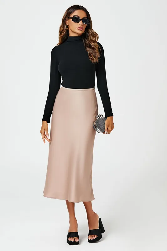 Satin Midi Skirt with Fluid A-Line Silhouette