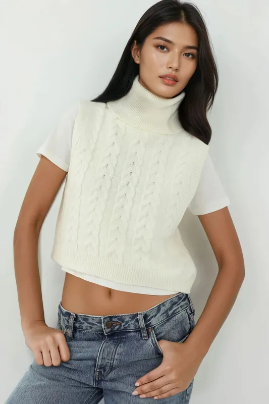 Turtleneck Knitwear Sweater Vest with Hair Braid Pattern - Hiccup