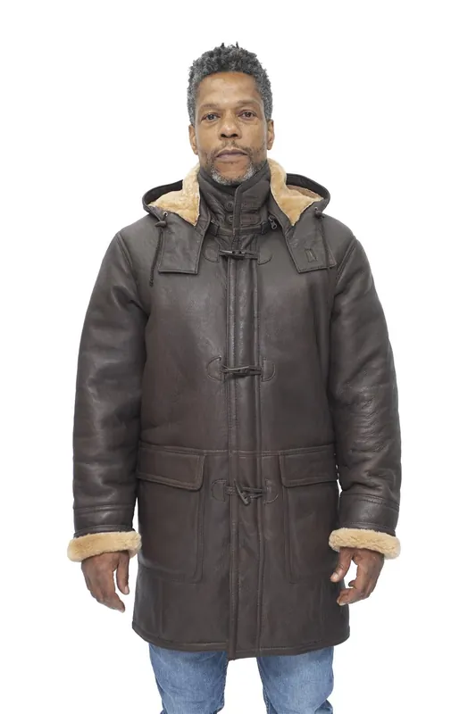 Sheepskin Leather Hooded Duffle Coat-Leatherhead