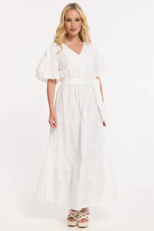White Broderie Cotton Tie Waist Dress - Liquorish