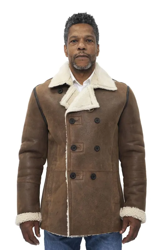 Double Breasted Shearling Sheepskin Pea Coat-Kington