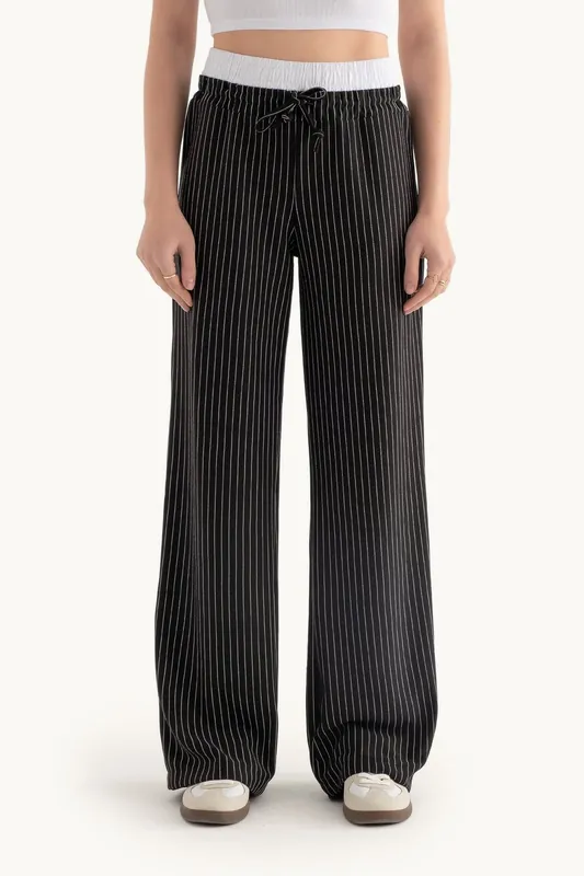 Striped High Waist Elastic Waist Drawstring Wide Leg Trousers - Hiccup