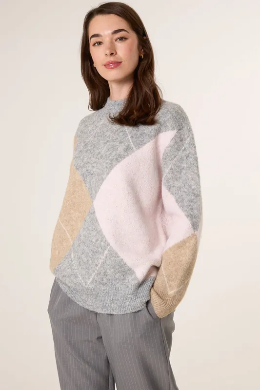 Grey Argyle Knitted Crew Neck Jumper - Blue Vanilla