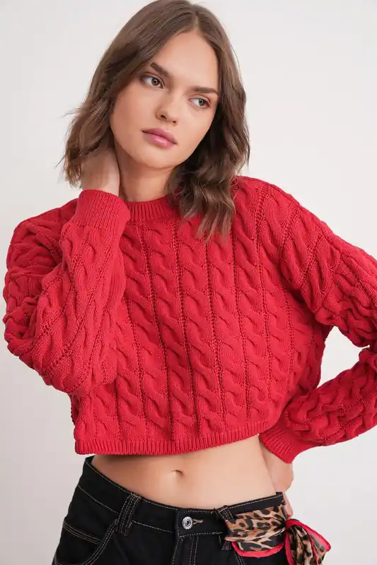 Cable Knit Pattern Crew Neck Sweater - MixRay