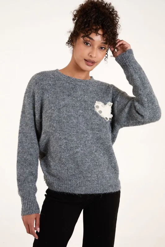 Embellished Heart Knit Jumper - Blue Vanilla