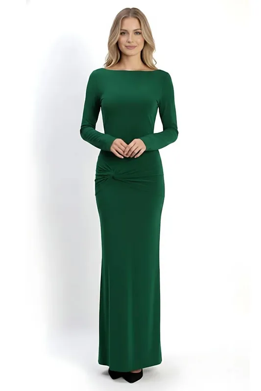 Bottle Green Backless Maxi Knot Waist Bodycon Dress - AVINCI