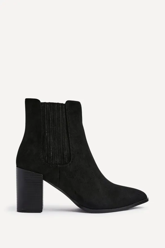 Thrive Black Suede Pointed Toe Stacked Blook Heeled Boot - Linzi