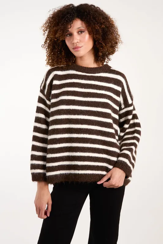 Brown Soft Knit Round Neck Stripe Jumper - Blue Vanilla
