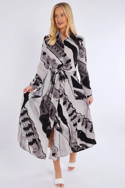 Black and Grey Abstract Print Midaxi Shirt Dress - Love Sunshine