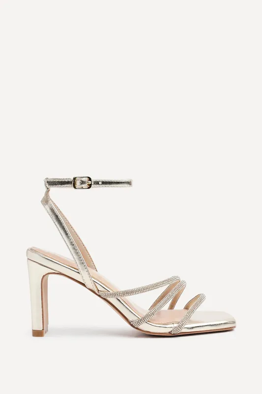 Glimmer Gold Faux Leather Diamante Block Heel - Linzi