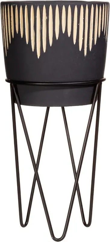 Black Sgrafitto Cement Planter With Wire Stand - Sass & Belle