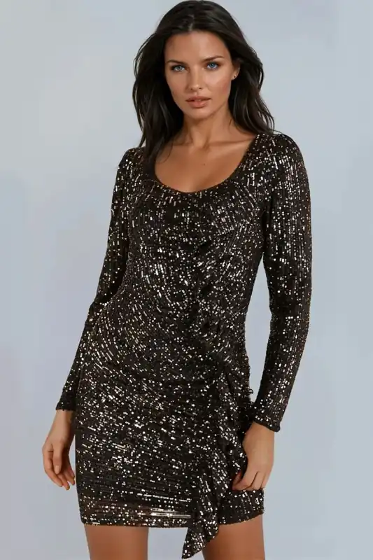 Sequin Long Sleeve Bodycon Dress with Frill Detail - Aftershock London