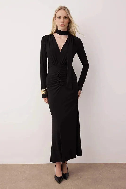 V-Neck Ruched A-Line Maxi Knit Dress with Scarf Detail