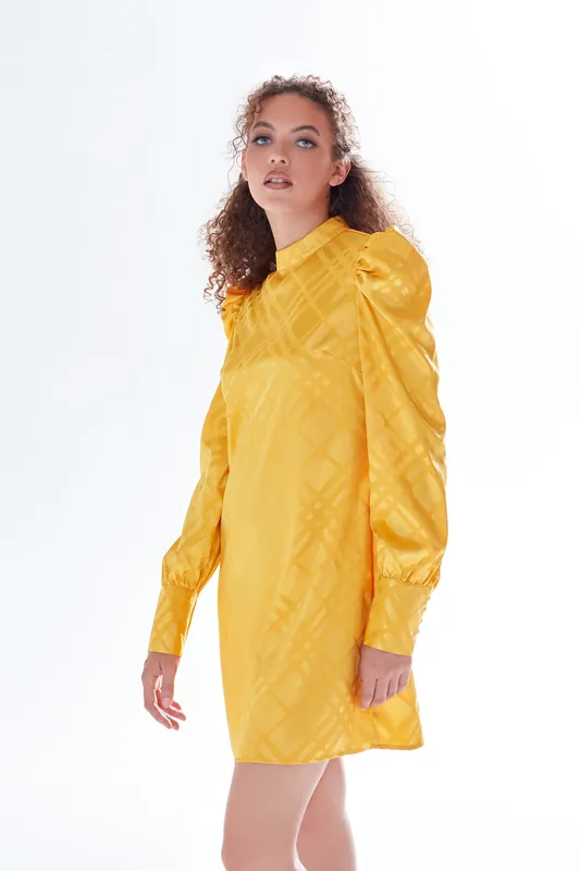 Check Jacquard Mini Dress With High Neck & Puff Sleeve Details In Mustard - Liquorish