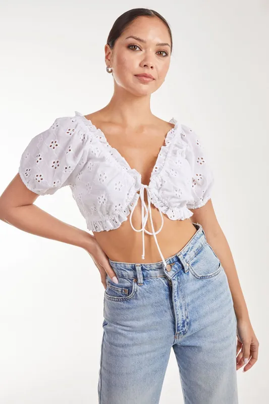 Broderie Puff Sleeve Tie Top - Pink Vanilla