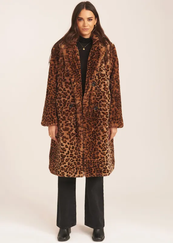 Brown Leopard Double Breasted Longline Furcoat - Gini London