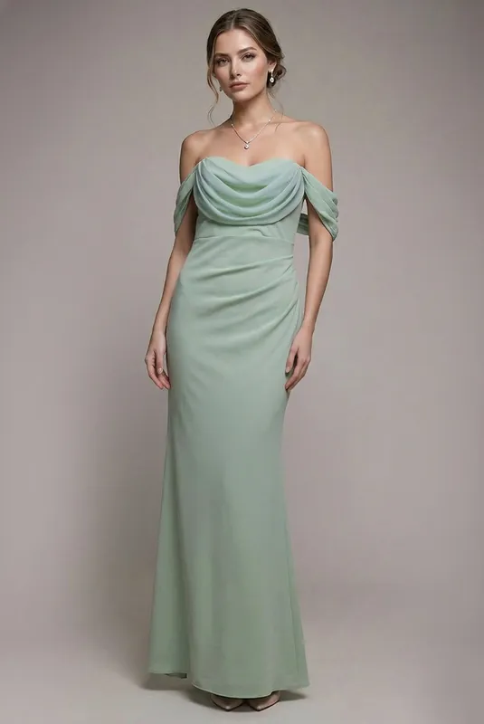 Petite Bardot Scuba & Chiffon Cowl Maxi Dress - Goddiva