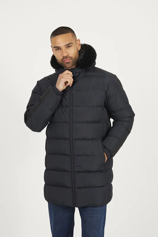 Longline Padded Jacket With Faux Fur Trim Hood - Brave Soul