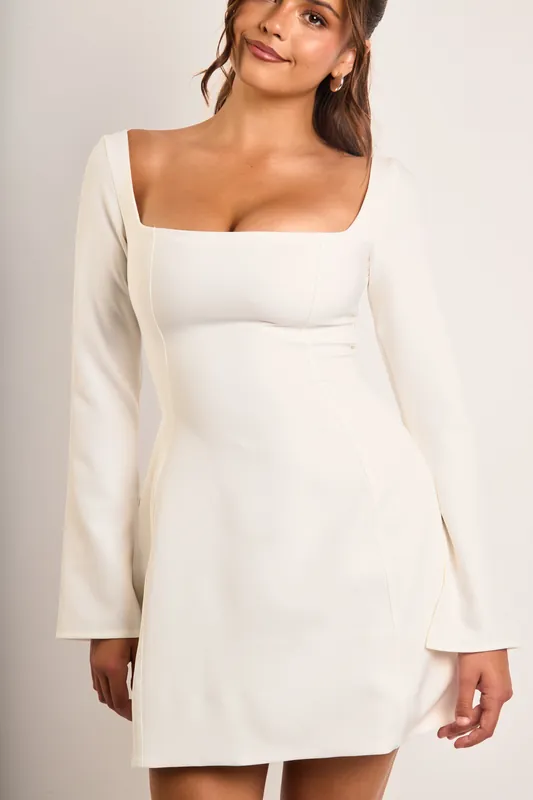 Brenna White Structured Long Sleeve Square Neck Mini Dress - Jaded Rose