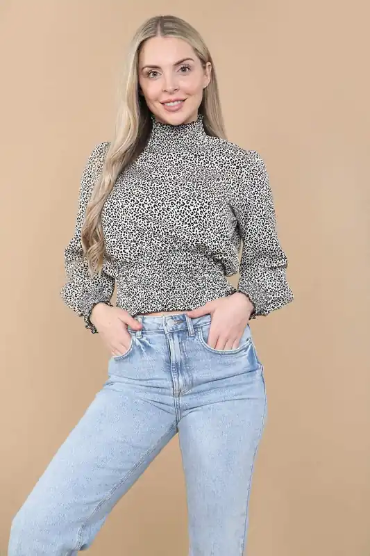 White Leopard Shirred Waist Cropped Top - Love Sunshine