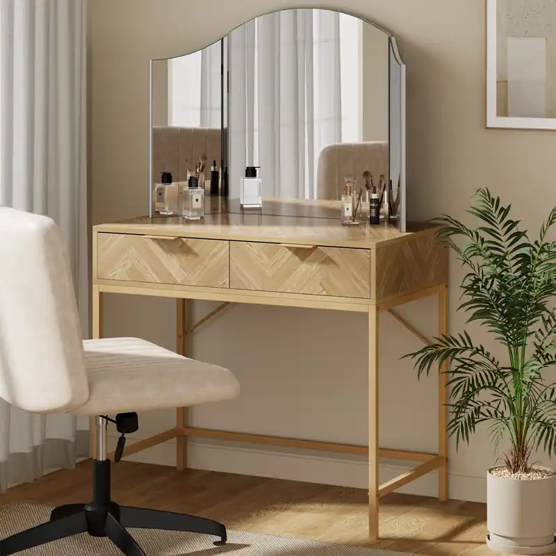 Ducie 2 Drawer Herringbone Design Bedroom Dressing Table - VonHaus