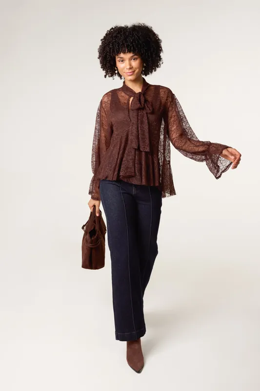Brown Lace Pussybow Blouse - Blue Vanilla