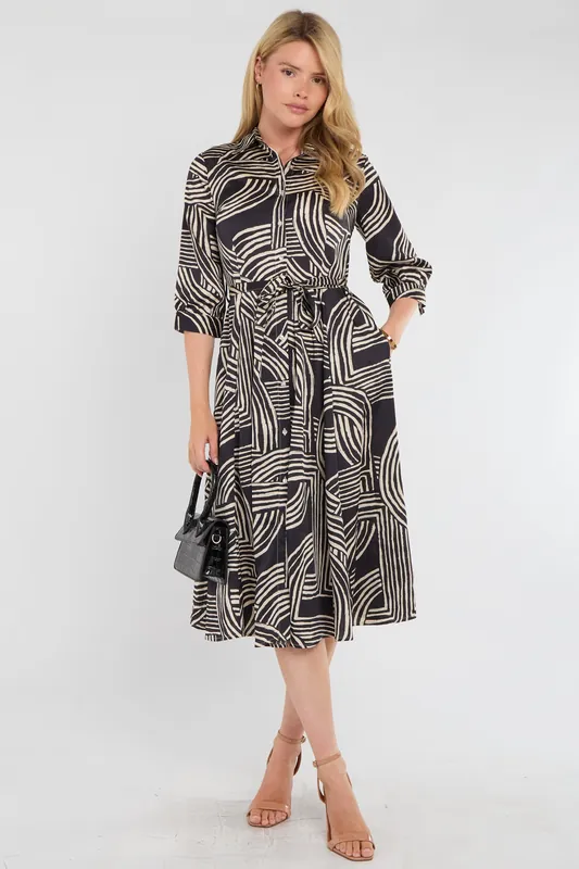 Black Geometric Print Half Sleeve Midi Shirt Dress - Love Sunshine