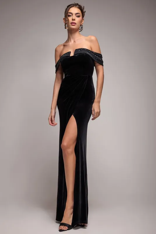 Off Shoulder Hotfix Diamante Wing Velvet Maxi Dress - Goddiva
