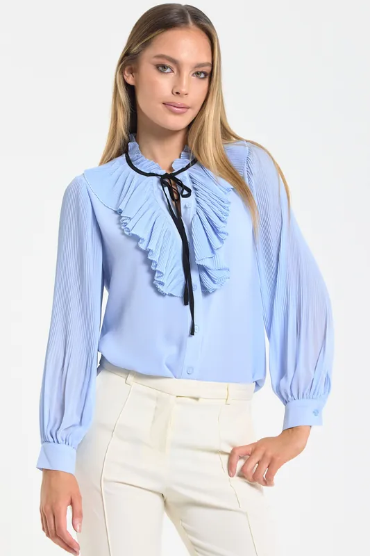 Blue Tie Neck Pleated Sleeve Frill Blouse - Liquorish