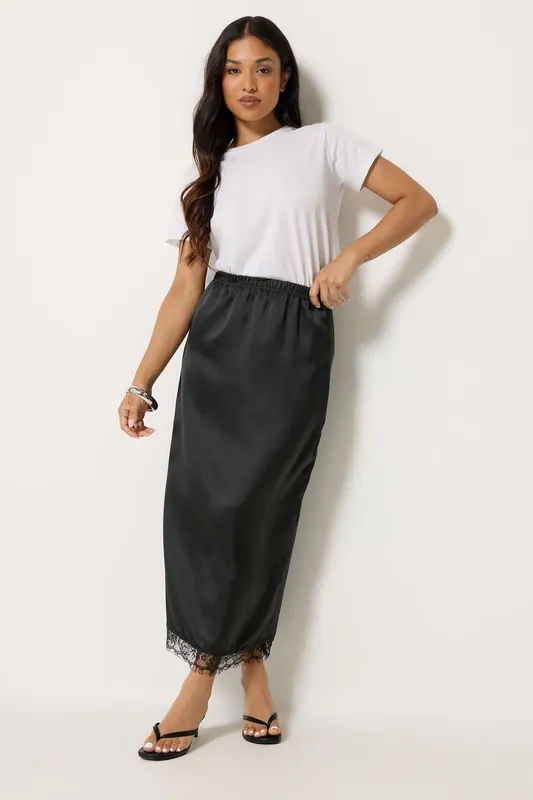Petite Lace Hem Satin Maxi Skirt - PixieGirl