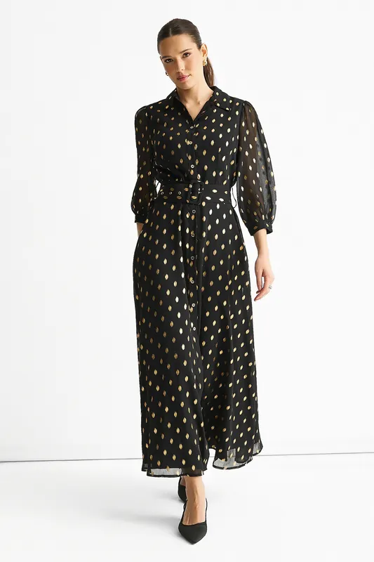 Black Chiffon Foil Belted Maxi Shirt Dress - Gini London