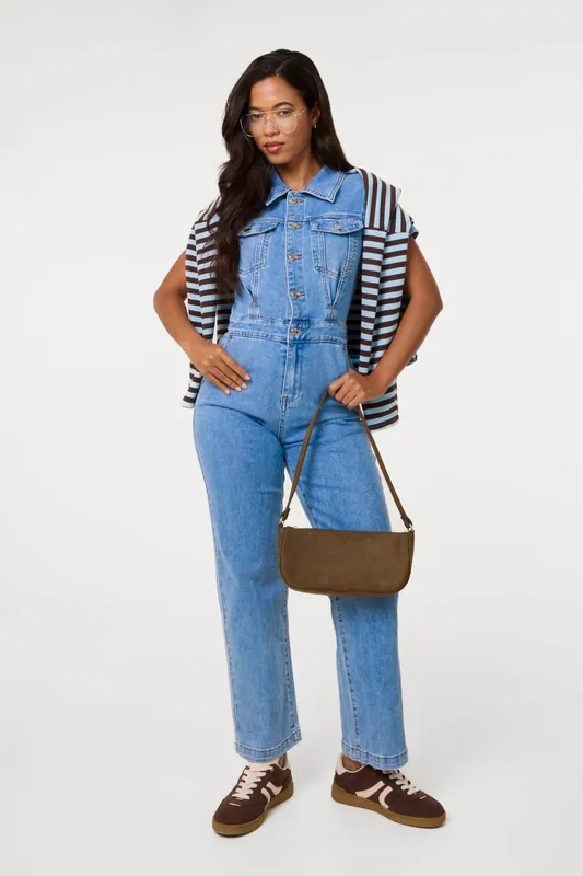 Light Blue Short Sleeve Denim Jumpsuit - Pink Vanilla